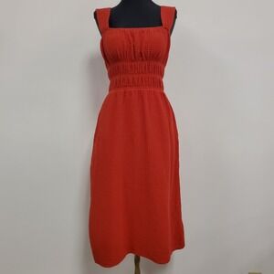 Vernacular Womens Gauzy Milkmaid Midi Dress Size M Red Preppy Coquette Pockets